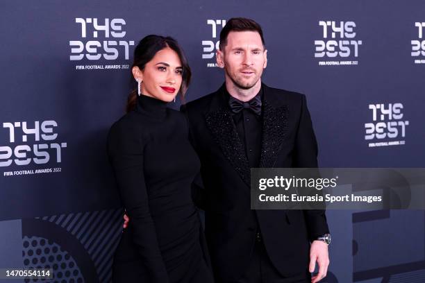 Lionel Messi and wife Antonela Roccuzzo pose for photos during the Green Carpet Arrivals prior The Best FIFA Football Awards 2022 on February 27,...