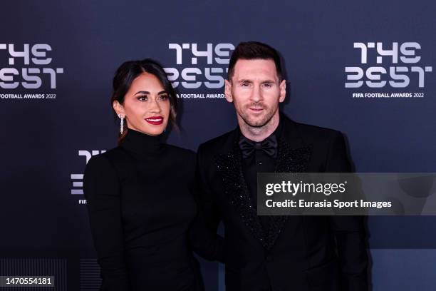 Lionel Messi and wife Antonela Roccuzzo pose for photos during the Green Carpet Arrivals prior The Best FIFA Football Awards 2022 on February 27,...