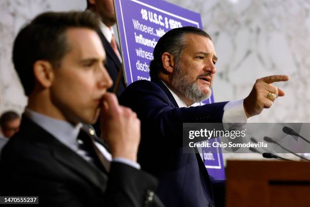 Senate Judiciary Committee member Sen. Ted Cruz shouts questions at U.S. Attorney General Merrick Garland during a hearing with Sen. Josh Hawley...