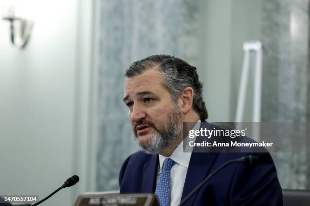 Ranking Member Ted Cruz speaks at a hearing with the Senate Commerce, Science and Transportation Committee on Capitol Hill on March 01, 2023 in...