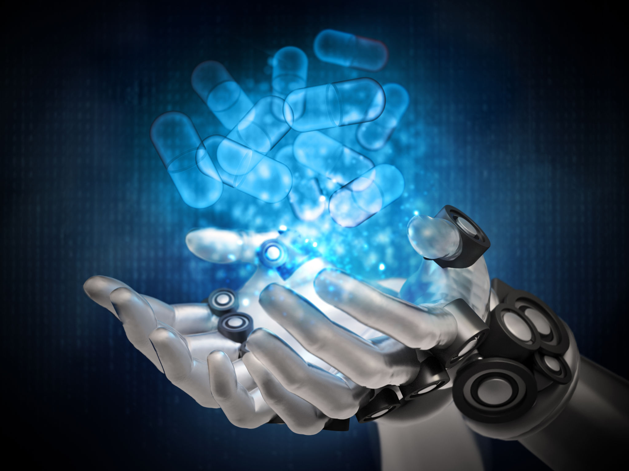 Blue pill capsules hologram over robotic hands. Cyber medicine concept Blue pill capsules hologram over robotic hands. Cyber medicine concept