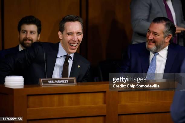 Senate Judiciary Committee members Sen. Josh Hawley and Sen. Ted Cruz share a laugh before a hearing in the Hart Senate Office Building on Capitol...