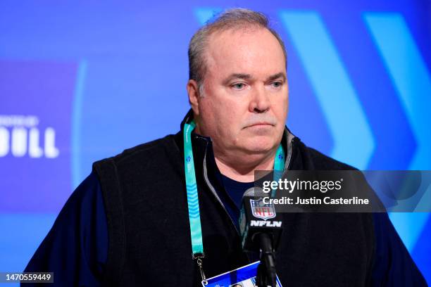 Head coach Mike McCarthy of the Dallas Cowboys speaks to the media during the NFL Combine at Lucas Oil Stadium on March 01, 2023 in Indianapolis,...