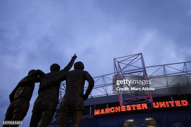 General view outside the stadium of the United Trinity statue prior to the Emirates FA Cup Fifth Round match between Manchester United and West Ham...