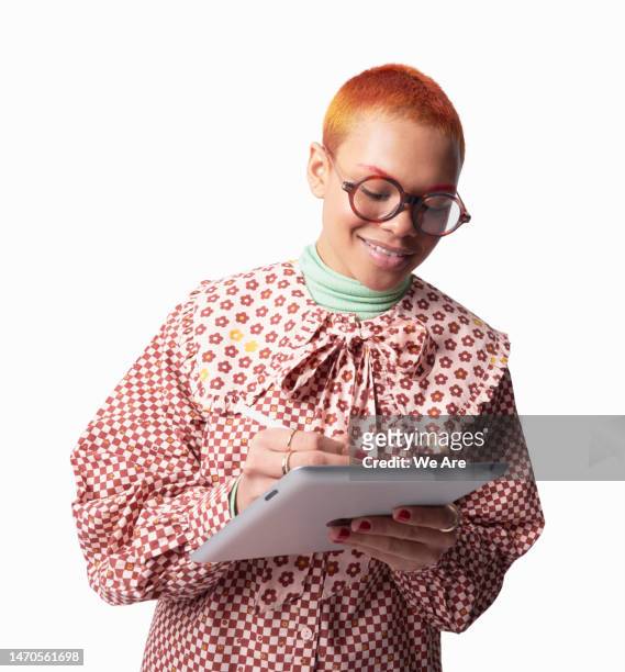 fashionable person using tablet - illustrator stock pictures, royalty-free photos & images