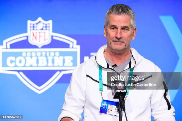 Head coach Frank Reich of the Carolina Panthers speaks to the media during the NFL Combine at Lucas Oil Stadium on March 01, 2023 in Indianapolis,...