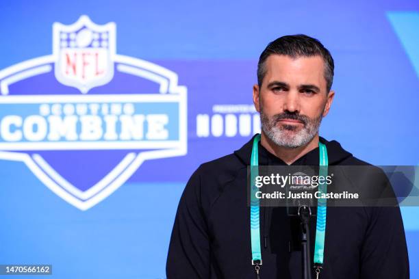 Head coach Kevin Stefanski of the Cleveland Browns speaks to the media during the NFL Combine at Lucas Oil Stadium on March 01, 2023 in Indianapolis,...