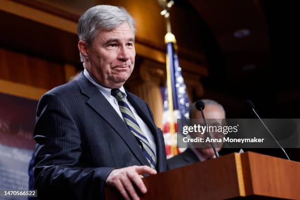 Sen. Sheldon Whitehouse speaks at a press conference at the U.S. Capitol Building on March 01, 2023 in Washington, DC. The press conference was held...