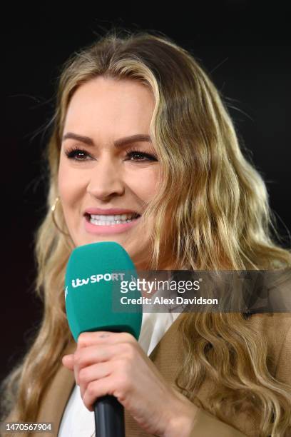 Laura Woods presents for ITV Sport during the Emirates FA Cup Fifth Round match between Southampton and Grimsby Town at St Mary's Stadium on March...
