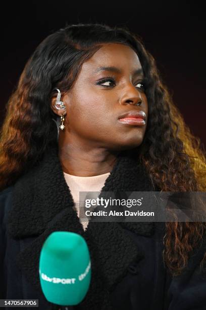 Eniola Aluko presents for ITV Sport during the Emirates FA Cup Fifth Round match between Southampton and Grimsby Town at St Mary's Stadium on March...