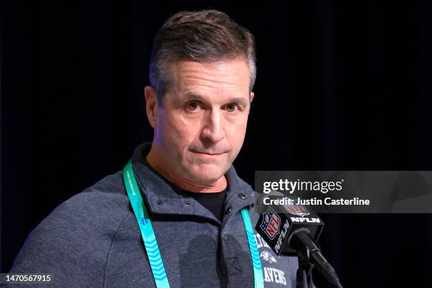 Head coach John Harbaugh of the Baltimore Ravens speaks to the media during the NFL Combine at Lucas Oil Stadium on March 01, 2023 in Indianapolis,...