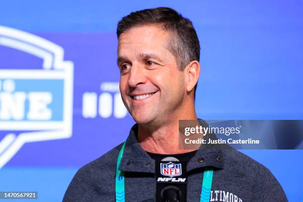 Head coach John Harbaugh of the Baltimore Ravens speaks to the media during the NFL Combine at Lucas Oil Stadium on March 01, 2023 in Indianapolis,...