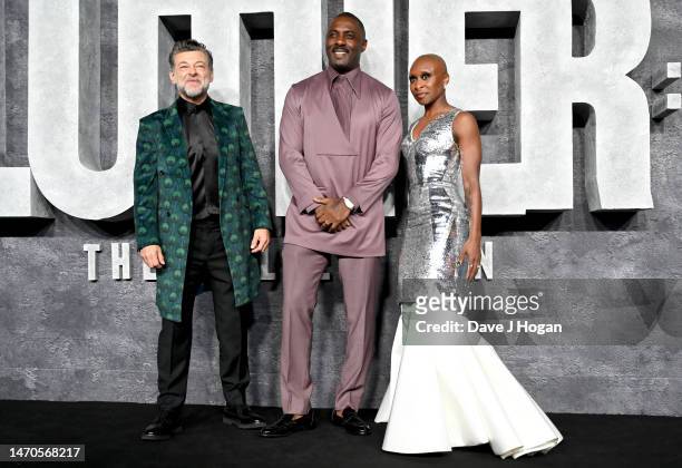 Andy Serkis, Cynthia Erivo and Idris Elba arrive at the global premiere of "Luther: The Fallen Sun" at BFI IMAX Waterloo on March 01, 2023 in London,...