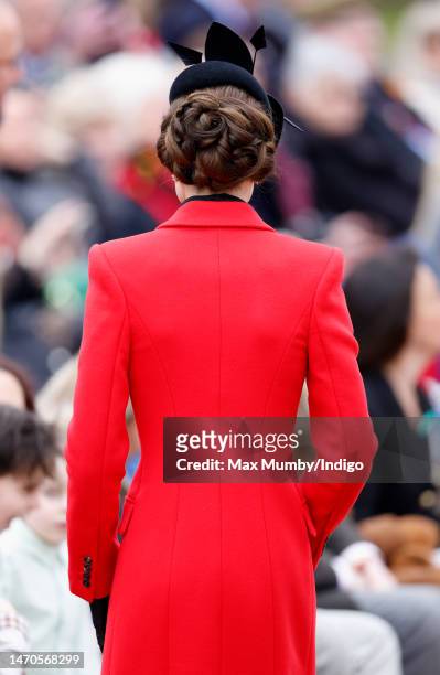 Catherine, Princess of Wales attends the St David's Day Parade during a visit to the 1st Battalion Welsh Guards at Combermere Barracks on March 1,...