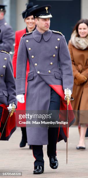 Prince William, Prince of Wales attends the St David's Day Parade during a visit to the 1st Battalion Welsh Guards at Combermere Barracks on March 1,...