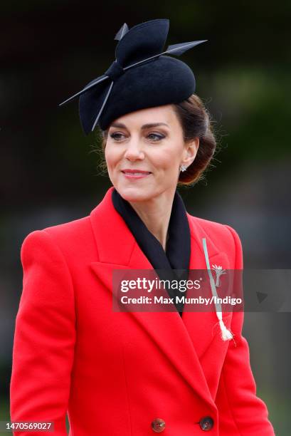 Catherine, Princess of Wales attends the St David's Day Parade during a visit to the 1st Battalion Welsh Guards at Combermere Barracks on March 1,...