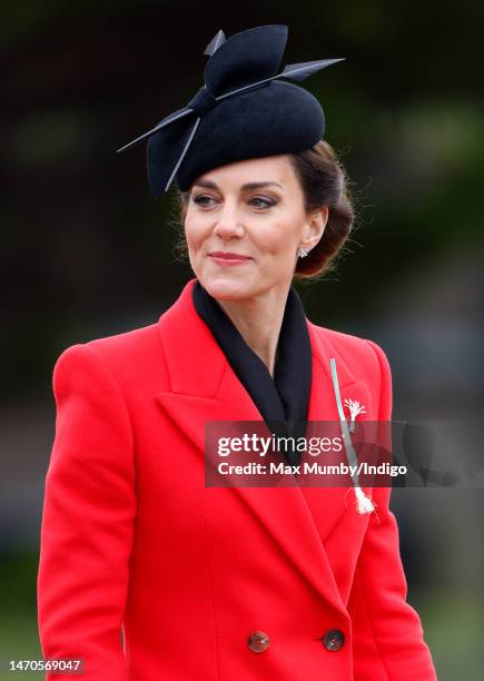 Catherine, Princess of Wales attends the St David's Day Parade during a visit to the 1st Battalion Welsh Guards at Combermere Barracks on March 1,...
