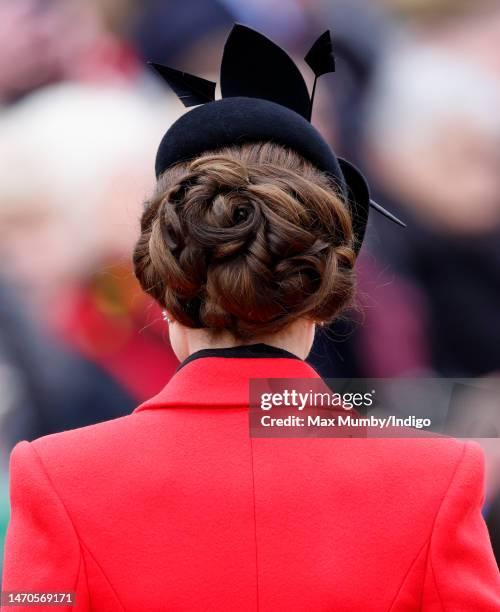 Catherine, Princess of Wales attends the St David's Day Parade during a visit to the 1st Battalion Welsh Guards at Combermere Barracks on March 1,...