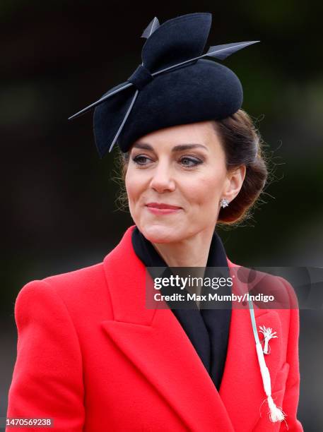 Catherine, Princess of Wales attends the St David's Day Parade during a visit to the 1st Battalion Welsh Guards at Combermere Barracks on March 1,...