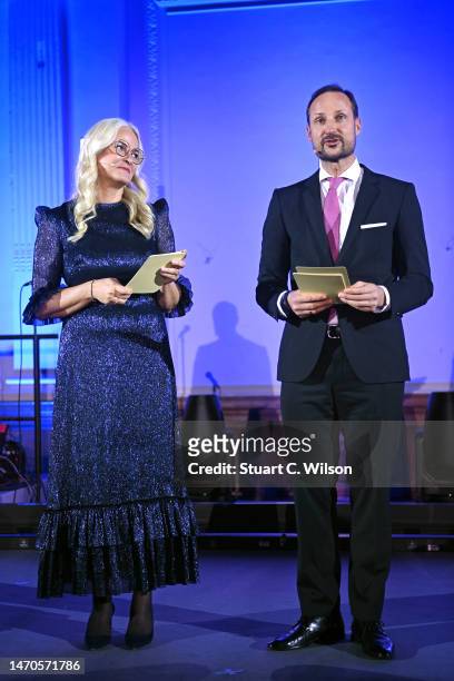 Crown Princess Mette-Marit and Crown Prince Haakon speak at the 'Norway Night networking reception' at Lindley Hall on March 01, 2023 in London,...
