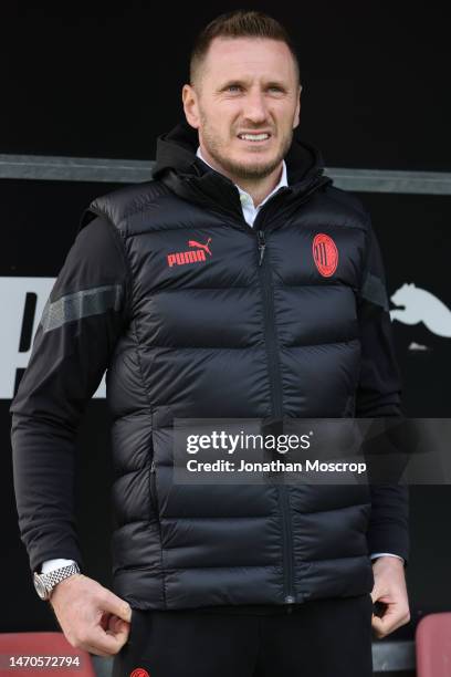 Ignazio Abate Head coach of AC Milan U19s looks on prior to kick off in the UEFA Youth League Round of 16 tie between AC Milan and Ruh Lviv at Campo...