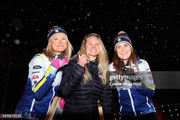 Silver Medalist, Frida Karlsson of Sweden, Gold Medalist, Jessie Diggins of the United States, Bronze Medalist, Ebba Andersson of Sweden, during the...