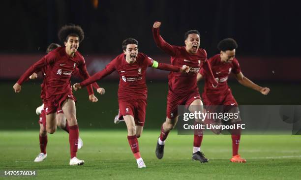 Dominic Corness of Liverpool celebrates with his teammates after winning on penalties during the UEFA Youth League match between Liverpool and FC...