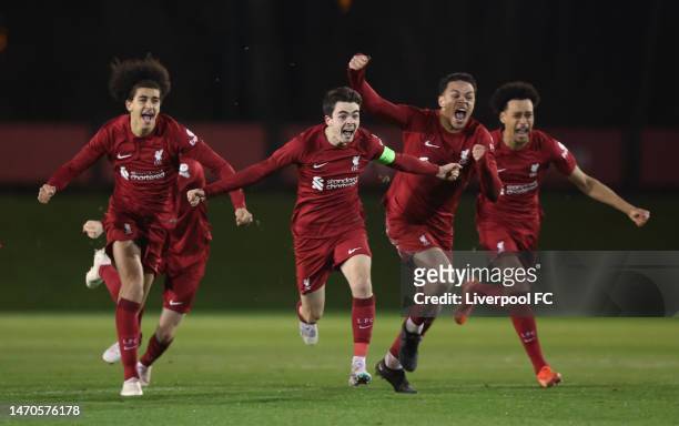 Dominic Corness of Liverpool celebrates with his teammates after winning on penalties during the UEFA Youth League match between Liverpool and FC...