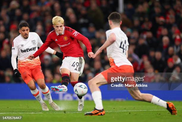 Alejandro Garnacho of Manchester United shoots at goalduring the Emirates FA Cup Fifth Round match between Manchester United and West Ham United at...
