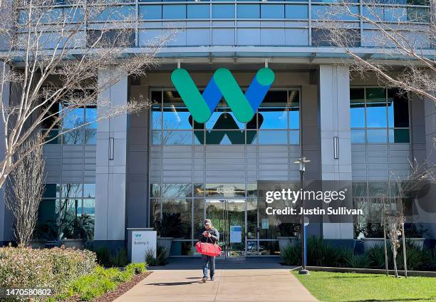 Sign is posted on the exterior of a Waymo office on March 01, 2023 in Mountain View, California. Waymo, Alphabet's self-driving car division,...