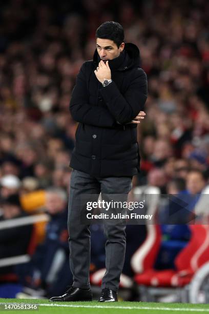 Mikel Arteta, Manager of Arsenal, looks on during the Premier League match between Arsenal FC and Everton FC at Emirates Stadium on March 01, 2023 in...