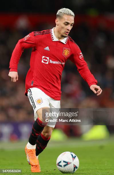 Antony of Manchester United on the ball during the Emirates FA Cup Fifth Round match between Manchester United and West Ham United at Old Trafford on...