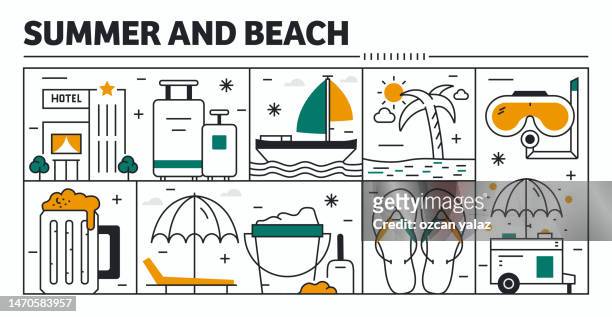 summer and beach vector design. the design is editable and the color can be changed. vector set of creativity icons: hostel , ice cream , beach , passport , sea - can beach sun stock illustrations