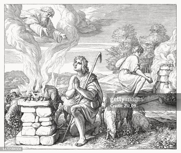 cain and abel (genesis 4, 4-5), wood engraving, published 1860 - sacrifice sheep stock illustrations