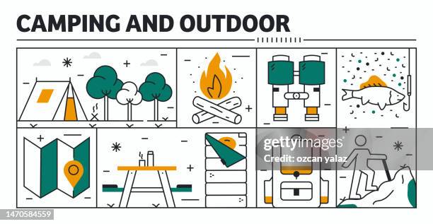 camping and outdoor vector design. the design is editable and the color can be changed. vector set of creativity icons:  camp tent , sleeping bag , compass , map , campfire , thermos - camping campfire stock illustrations