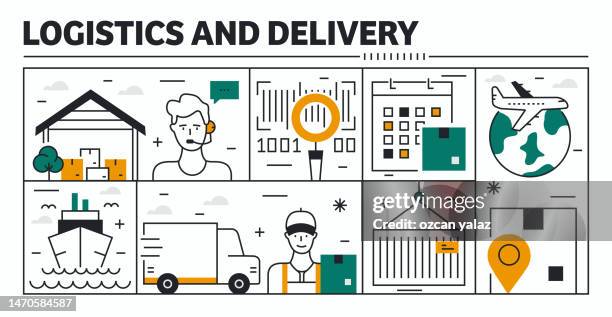 logistics and delivery vector design. the design is editable athe color can be changed. vector set of creativity icons: package , address , shipping , insurance , courier , return , container , warehouse - warehouse drones stock illustrations
