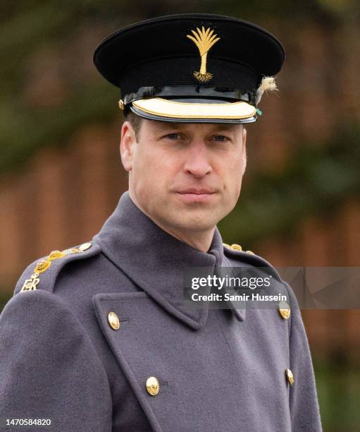 Prince William, Prince of Wales visits the 1st Battalion Welsh Guards to attend the St Davids Day Parade on March 1, 2023 in Windsor, England. This...