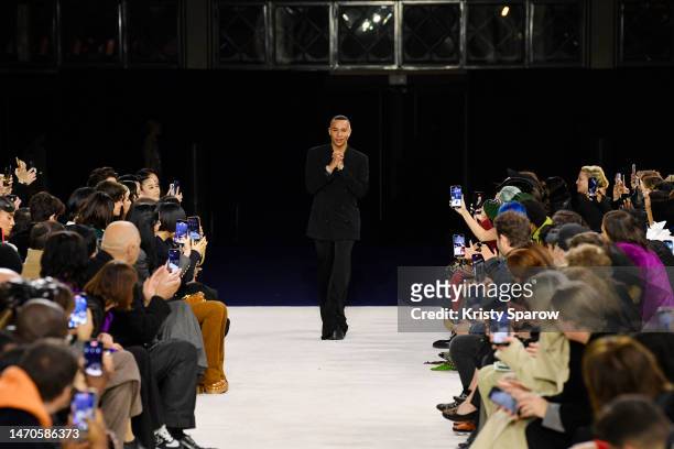 Fashion designer Olivier Rousteing acknowledges the audience during the Balmain Womenswear Fall Winter 2023-2024 show as part of Paris Fashion Week...