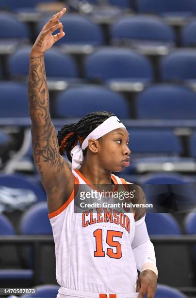 Reserve player Kionna Gaines of the Clemson Tigers reacts after a three-point basket by a teammate against the Pittsburgh Panthers during the first...