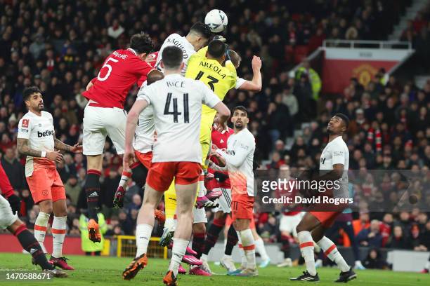 Nayef Aguerd of West Ham United scores an own goal, the first goal for Manchester United during the Emirates FA Cup Fifth Round match between...