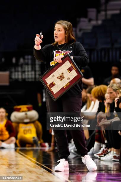 Head coach Lindsay Whalen of the Minnesota Golden Gophers gives instruction against the Penn State Nittany Lions in the second half of the game in...