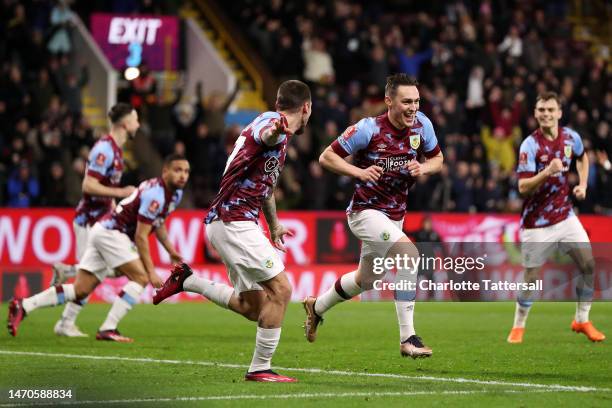 Connor Roberts of Burnley celebrates scoring the side's first goal during the Emirates FA Cup Fifth Round match between Burnley FC and Fleetwood Town...
