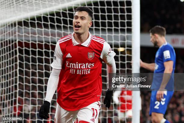 Gabriel Martinelli of Arsenal celebrates after scoring the team's fourth goal during the Premier League match between Arsenal FC and Everton FC at...