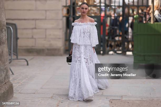 Sophia Roe seen wearing a white transparent long dress and a black leather mini Dior bag before the Dior show on February 28, 2023 in Paris, France.