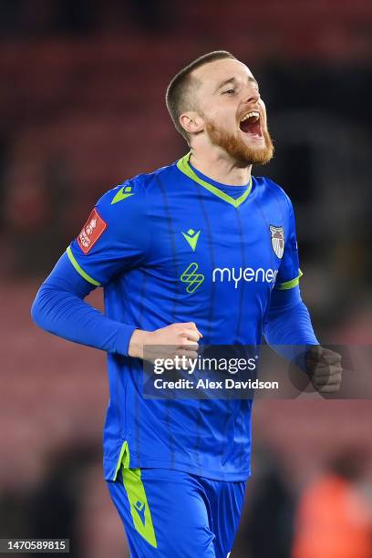 Niall Maher of Grimsby Town celebrates victory at full time after the Emirates FA Cup Fifth Round match between Southampton and Grimsby Town at St...