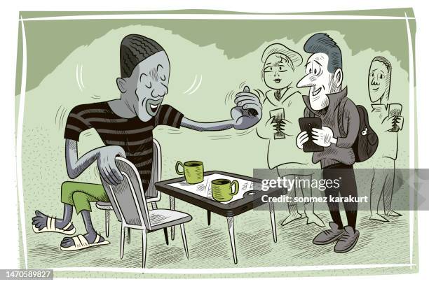 black man invites white man for coffee - sharing coffee stock illustrations