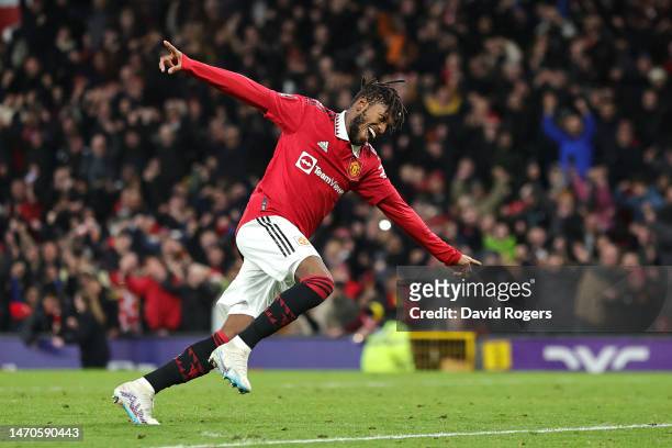 Fred of Manchester United celebrates after scoring the team's third goal during the Emirates FA Cup Fifth Round match between Manchester United and...