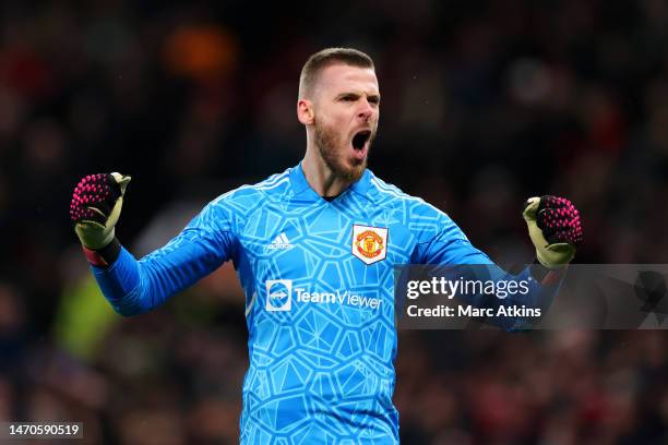 David De Gea of Manchester United celebrates their side's second goal scored by Alejandro Garnacho during the Emirates FA Cup Fifth Round match...