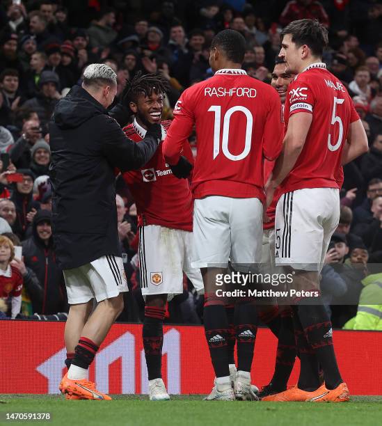 Fred of Manchester United celebrates scoring their third goal during the Emirates FA Cup Fifth Round match between Manchester United and West Ham...