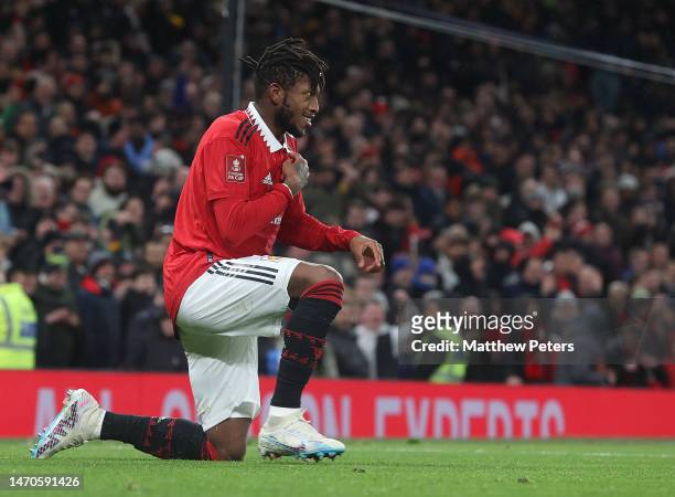 Fred of Manchester United celebrates scoring their third goal during the Emirates FA Cup Fifth Round match between Manchester United and West Ham...